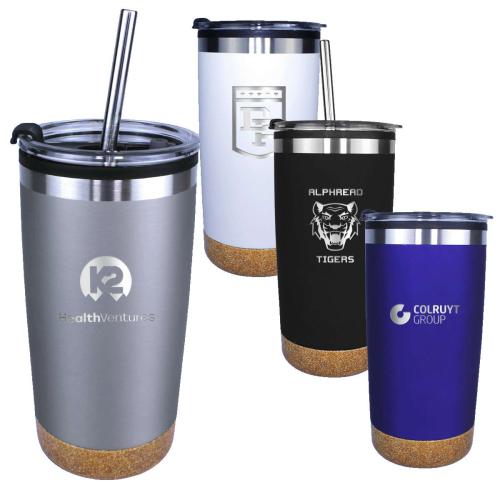 Drinkware - Tumblers - Halcyon® 20 oz. Cork Bottom Tumbler with Stainless Straw/Flip Top Lid, Laser, Premium