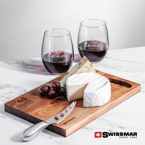 Swissmar&reg; Acacia Board & 2 Stanford Stemless Wine
